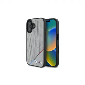 BMW M Perforated Tricolor Line MagSafe trdi ovitek za Apple iPhone 16 6,1 inch - siv