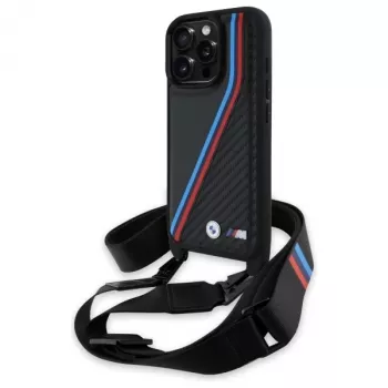 BMW M Edition Carbon Tricolor Lines & Strap trdi ovitek za iPhone 16 Pro 6.3 črn