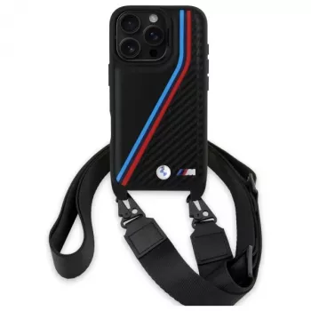 BMW M Edition Carbon Tricolor Lines & Strap trdi ovitek za iPhone 16 Pro 6.3 črn