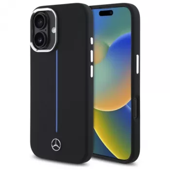 Mercedes-Benz MEHMP16S23SUMBK iPhone 16 6,1 palca črna silikonska trda lupina z modrim trakom MagSafe