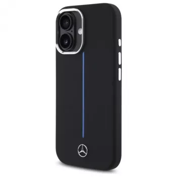 Mercedes-Benz MEHMP16S23SUMBK iPhone 16 6,1 palca črna silikonska trda lupina z modrim trakom MagSafe