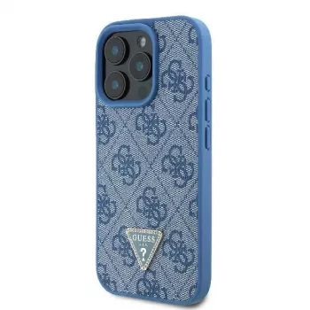 Guess GUHCP16LP4TDSCPB iPhone 16 Pro 6,3 palca moder usnjen trdi ovitek s kovinskim logotipom, kamni strass in jermen za nošenje