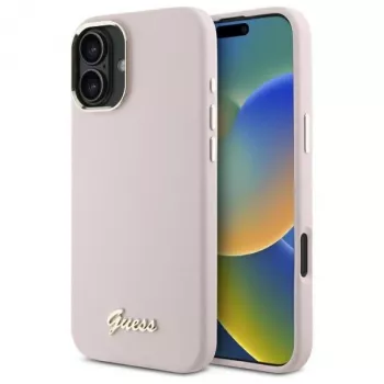 Guess GUHCP16SSMBSLP iPhone 16 6,1 inch roza silikonski trd ovitek s kovinskim logotipom Script in okvirjem