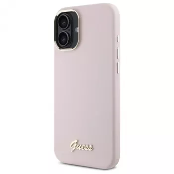Guess GUHCP16SSMBSLP iPhone 16 6,1 inch roza silikonski trd ovitek s kovinskim logotipom Script in okvirjem