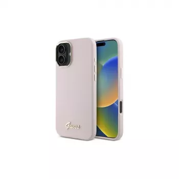 Guess GUHCP16MSMBSLP iPhone 16 Plus 6,7 inch roza silikonski trd ovitek s kovinskim logotipom Script in okvirjem