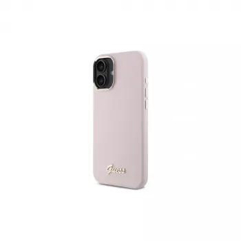 Guess GUHCP16MSMBSLP iPhone 16 Plus 6,7 inch roza silikonski trd ovitek s kovinskim logotipom Script in okvirjem