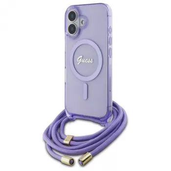 Guess GUHMP16SHCTSGNSU iPhone 16 6,1 inch vijoličen trd ovitek Crossbody Cord Script MagSafe