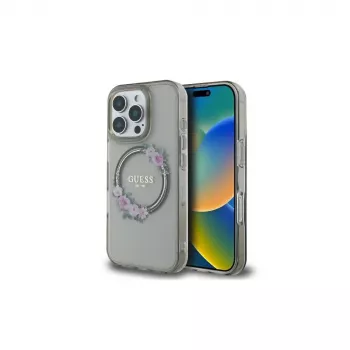 Guess GUHMP16LHFWFCK iPhone 16 Pro trdo ohišje IML Flowers Wreath MagSafe črno