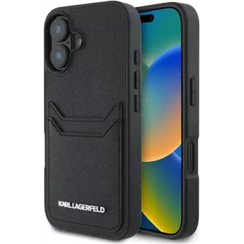 Karl Lagerfeld HC Grained PU Card Slot Metal Elongated ovitek za iPhone 16, črn