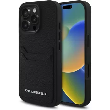 KARL LAGERFELD HC Grained PU Card Slot Metal Elongated ovitek za iPhone 16 Pro, črn