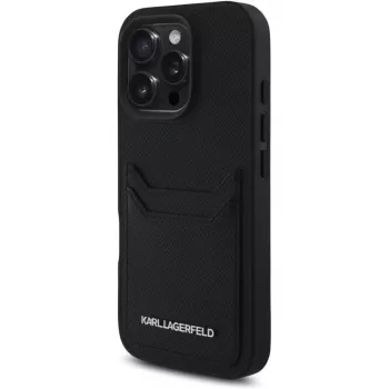 KARL LAGERFELD HC Grained PU Card Slot Metal Elongated ovitek za iPhone 16 Pro, črn
