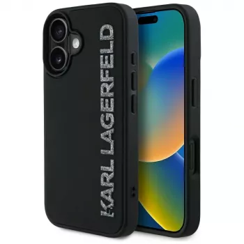 KARL LAGERFELD HC 3D Rubber Elongated Glitter ovitek za iPhone 16, črn