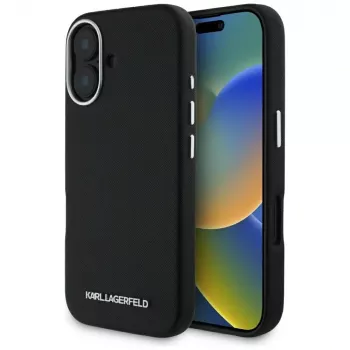 Karl Lagerfeld Saffiano FullWrapped Elongated Metal Logo MagSafe ovitek za iPhone 16, črn