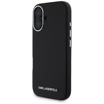 Karl Lagerfeld Saffiano FullWrapped Elongated Metal Logo MagSafe ovitek za iPhone 16, črn