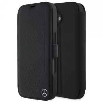 Mercedes-Benz MEBKP16S23RBGVK knjižni ovitek za iPhone 16 6.1, črn, umetno usnje in imitacija lesa