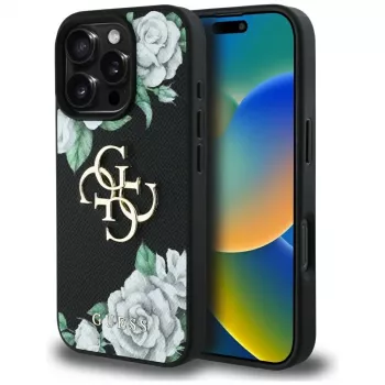 Guess ovitek Grained Roses Big 4G Logo za iPhone 16 Pro Max, črn