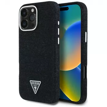 Guess ovitek Denim Triangle Logo MagSafe za Apple iPhone 16 Pro Max, črn