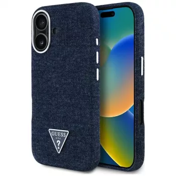 Guess ovitek Denim Triangle Logo MagSafe za iPhone 16, moder
