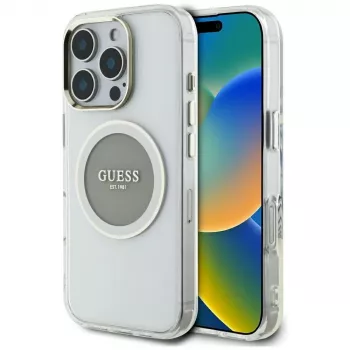 Guess ovitek IML Metal Colored Circle Classic Logo MagSafe za iPhone 16 Pro (siv)