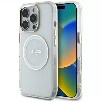 Guess ovitek IML Metal Colored Circle Classic Logo MagSafe za iPhone 16 Pro (bel)