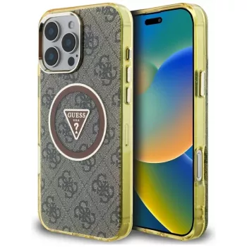 Guess ovitek IML Metal Glitter 4G Circle Triangle MagSafe za iPhone 16 Pro (rjav)