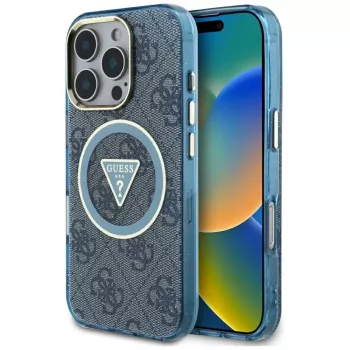 Guess ovitek IML Metal Glitter 4G Circle Triangle MagSafe za iPhone 16 Pro Max (moder)