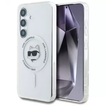 Karl Lagerfeld Button Choupette Head Printed Logo MagSafe ovitek za Samsung Galaxy S25+, bel