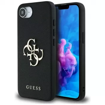 Guess Grained Big 4G Logo Small Classic Logo ovitek za telefon za iPhone 16e (črn)