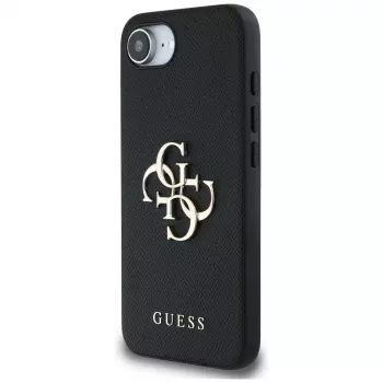Guess Grained Big 4G Logo Small Classic Logo ovitek za telefon za iPhone 16e (črn)