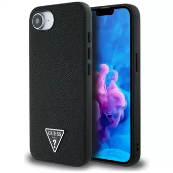 Guess Grained Triangle MagSafe ovitek za iPhone 16e (črn)
