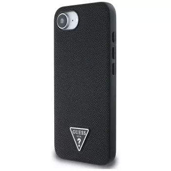 Guess Grained Triangle MagSafe ovitek za iPhone 16e (črn)