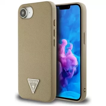 Guess Grained Triangle MagSafe ovitek za iPhone 16e (rjav)