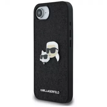 Karl Lagerfeld Fixed Glitter Karl & Choupette Heads Metal Pin ovitek za Apple iPhone 16e (črn)