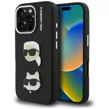 KARL LAGERFELD FW Grained Karl & Choupette Heads Pins ovitek za iPhone 16 Pro, črn