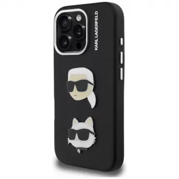 KARL LAGERFELD FW Grained Karl & Choupette Heads Pins ovitek za iPhone 16 Pro, črn