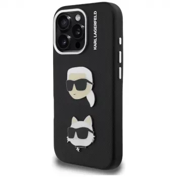 KARL LAGERFELD FW Grained Karl & Choupette Heads Pins ovitek za iPhone 16 Pro Max, črn