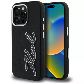 Karl Lagerfeld FW Grained Signature Logo ovitek za iPhone 16 Pro, črn