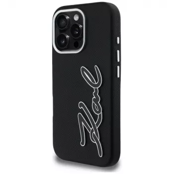 Karl Lagerfeld FW Grained Signature Logo ovitek za iPhone 16 Pro, črn