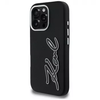 KARL LAGERFELD FW Grained Signature Logo ovitek za iPhone 16 Pro Max, črn