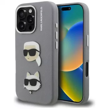 Karl Lagerfeld FW Grained Karl & Choupette Heads Pins ovitek za iPhone 16 Pro, siv