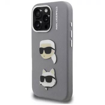 Karl Lagerfeld FW Grained Karl & Choupette Heads Pins ovitek za iPhone 16 Pro, siv