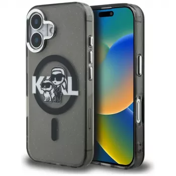 KARL LAGERFELD IML Glitter Karl & Choupette Sketch Logo MagSafe ovitek za iPhone 16, črn
