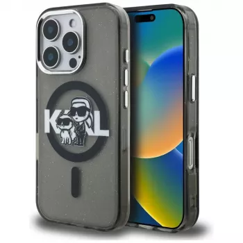 Karl Lagerfeld IML Glitter Karl & Choupette Sketch Logo MagSafe ovitek za iPhone 16 Pro, črn