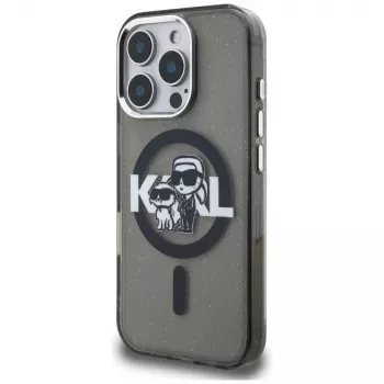 Karl Lagerfeld IML Glitter Karl & Choupette Sketch Logo MagSafe ovitek za iPhone 16 Pro Max, črn