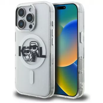 KARL LAGERFELD IML Glitter Karl & Choupette Sketch Logo MagSafe ovitek za iPhone 16 Pro, prosojen