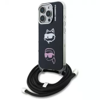 KARL LAGERFELD IML ovitek za nošenje čez ramo z glavo Karl & Choupette za Apple iPhone 16 Pro Max, črn