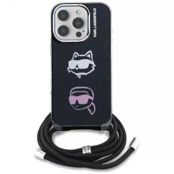 KARL LAGERFELD IML ovitek za nošenje čez ramo z glavo Karl & Choupette za Apple iPhone 16 Pro Max, črn