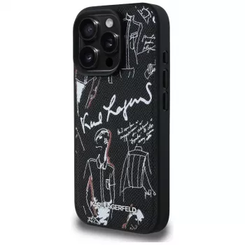 KARL LAGERFELD ovitek MagSafe z zrnatim vzorcem in logotipom za iPhone 16 Pro, črn