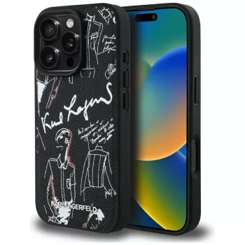 KARL LAGERFELD ovitek MagSafe z zrnatim vzorcem in logotipom za iPhone 16 Pro Max, črn