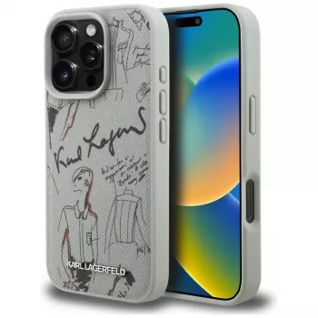 KARL LAGERFELD ovitek MagSafe z zrnatim vzorcem in logotipom za Apple iPhone 16 Pro Max - siv